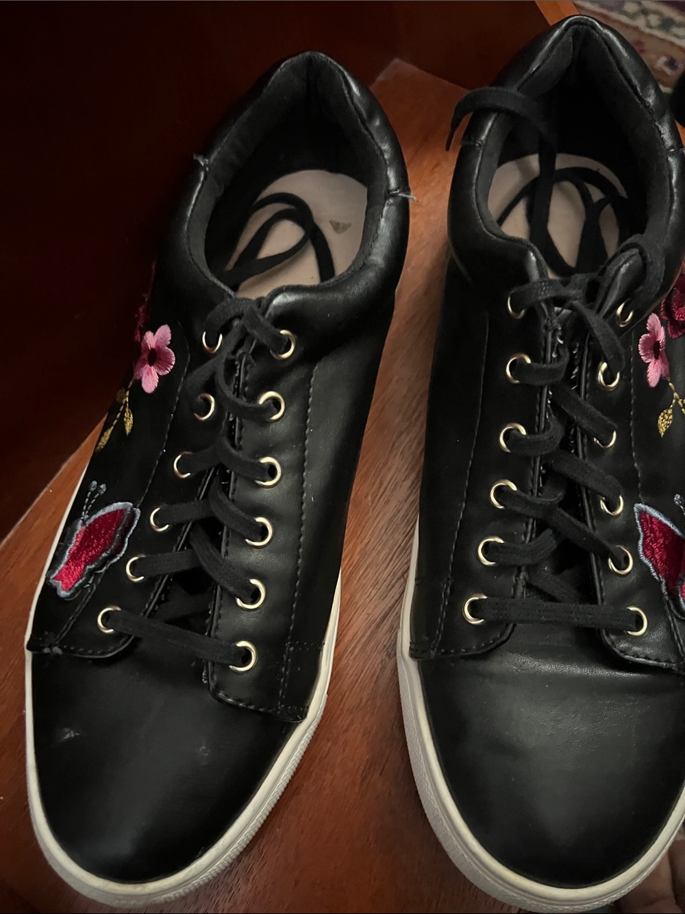 Women's Black Embroidered Lace-Up Sneakers